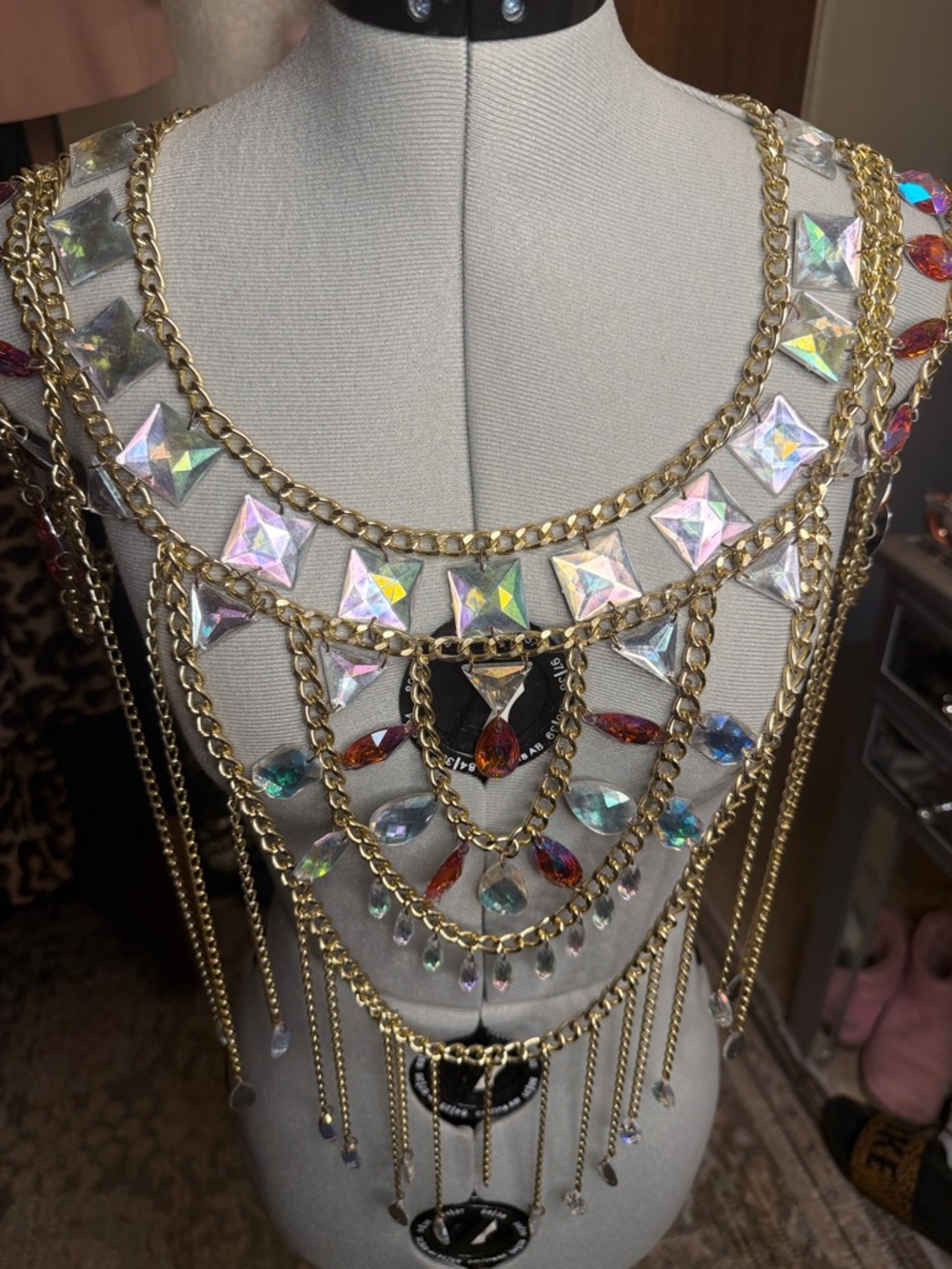 Gold Chain Statement Body Necklace with Iridescent Crystal Accents